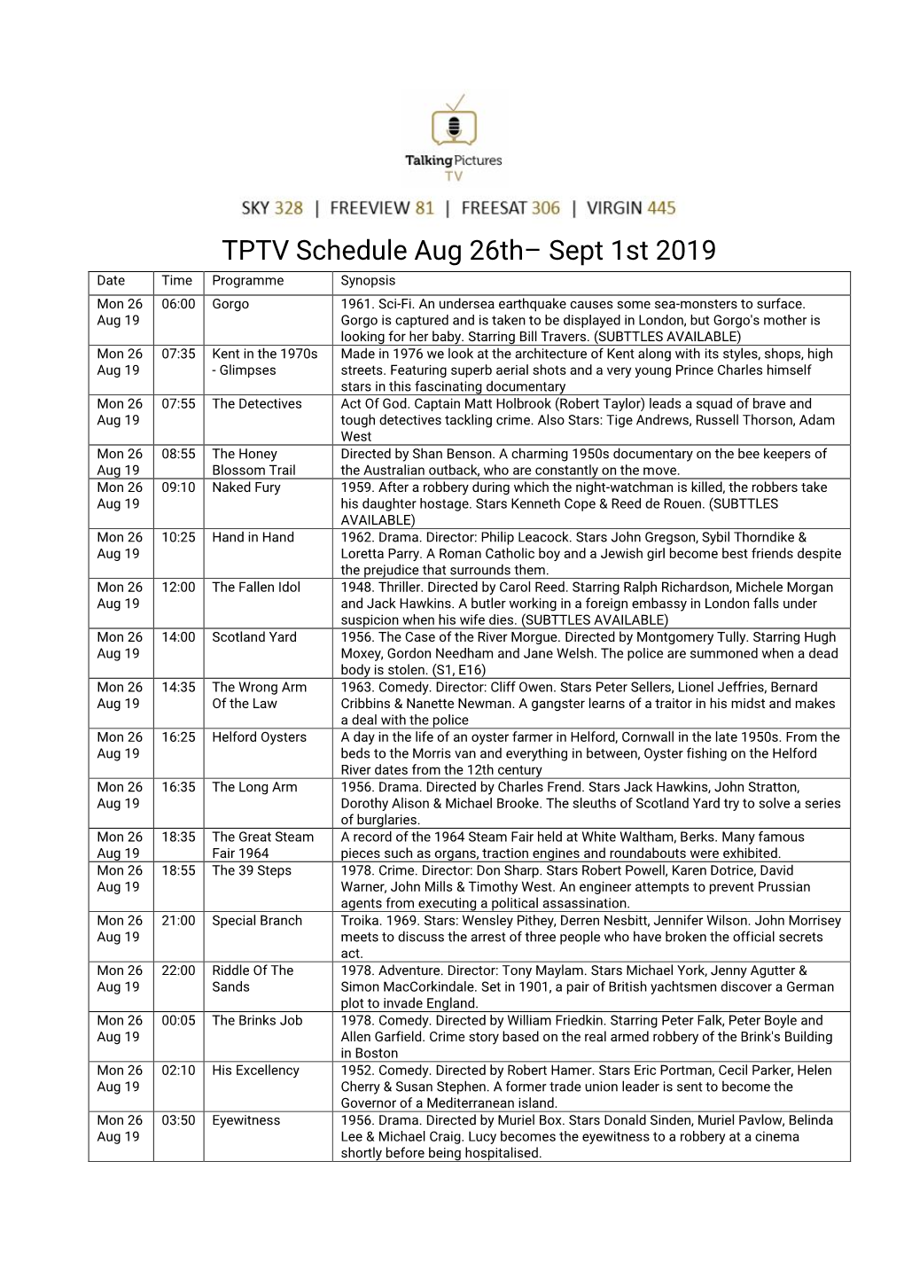 TPTV Schedule Aug 26Th– Sept 1St 2019 Date Time Programme Synopsis Mon 26 06:00 Gorgo 1961