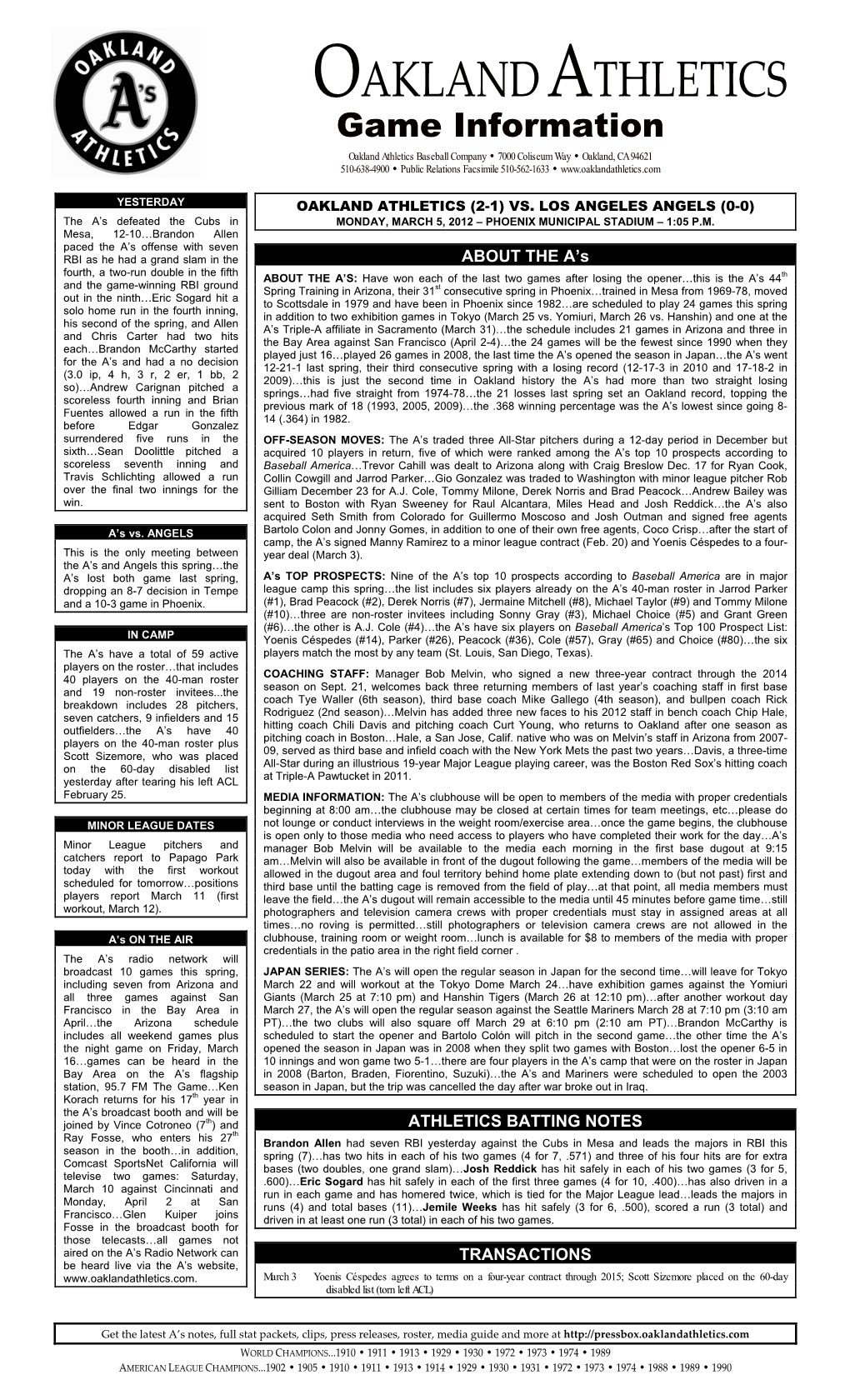 03-05-2012 A's Game Notes Vs. Angels