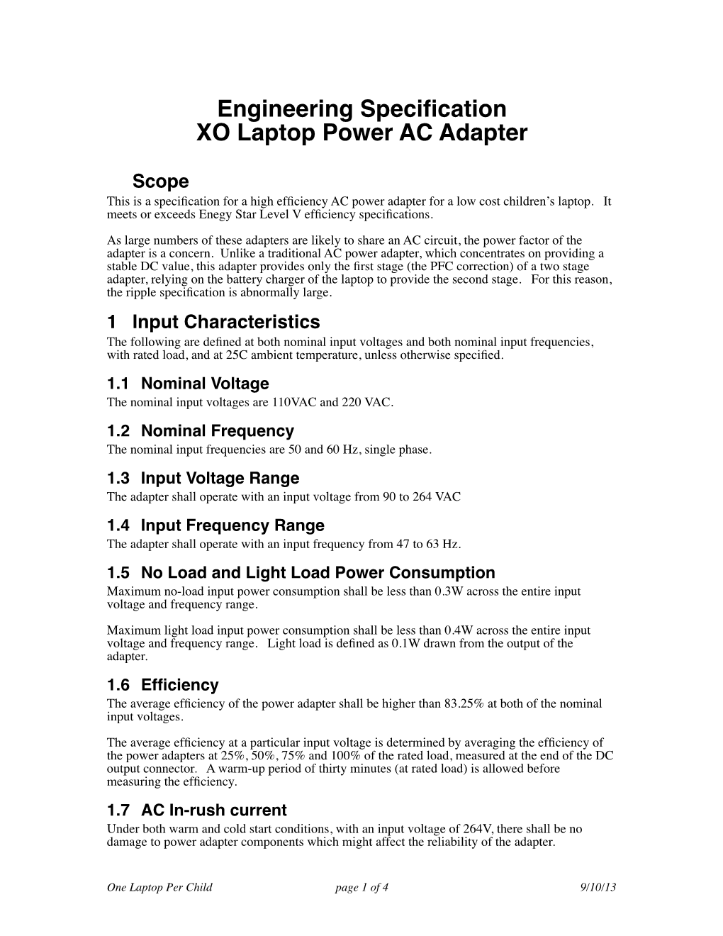 Engineering Specification XO Laptop Power AC Adapter
