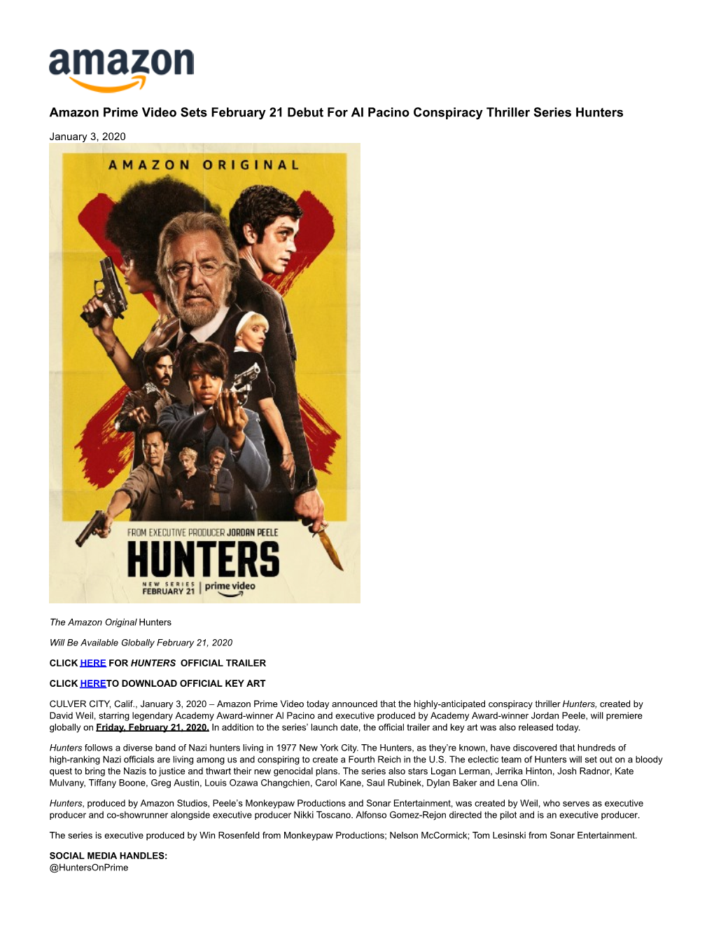 Amazon Prime Video Sets February 21 Debut for Al Pacino Conspiracy Thriller Series Hunters