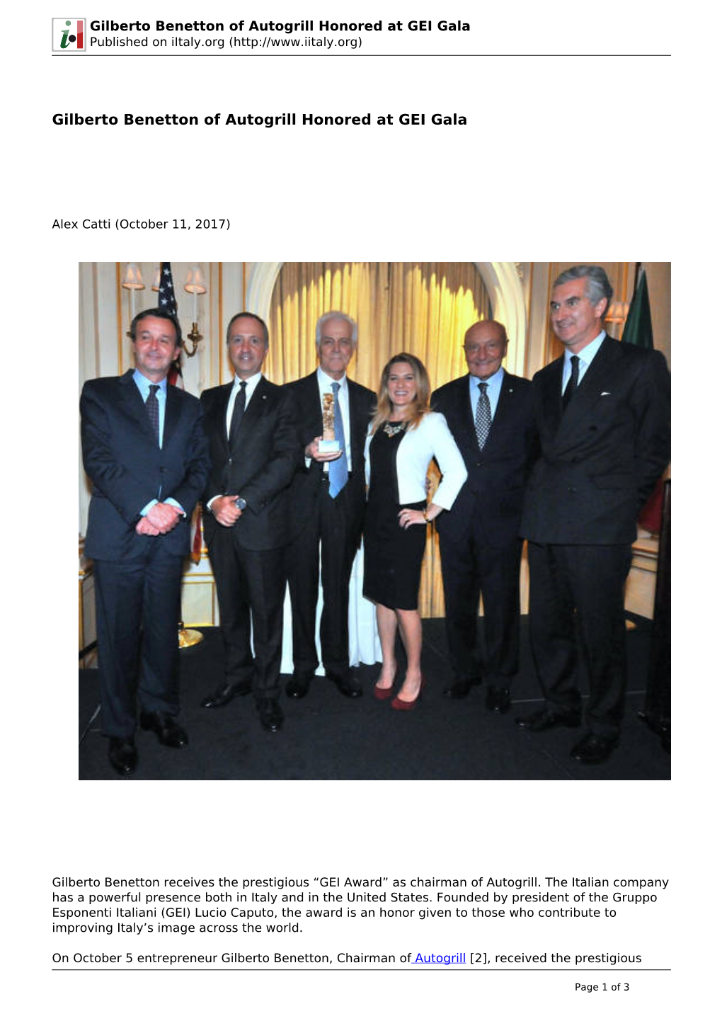 Gilberto Benetton of Autogrill Honored at GEI Gala Published on Iitaly.Org (