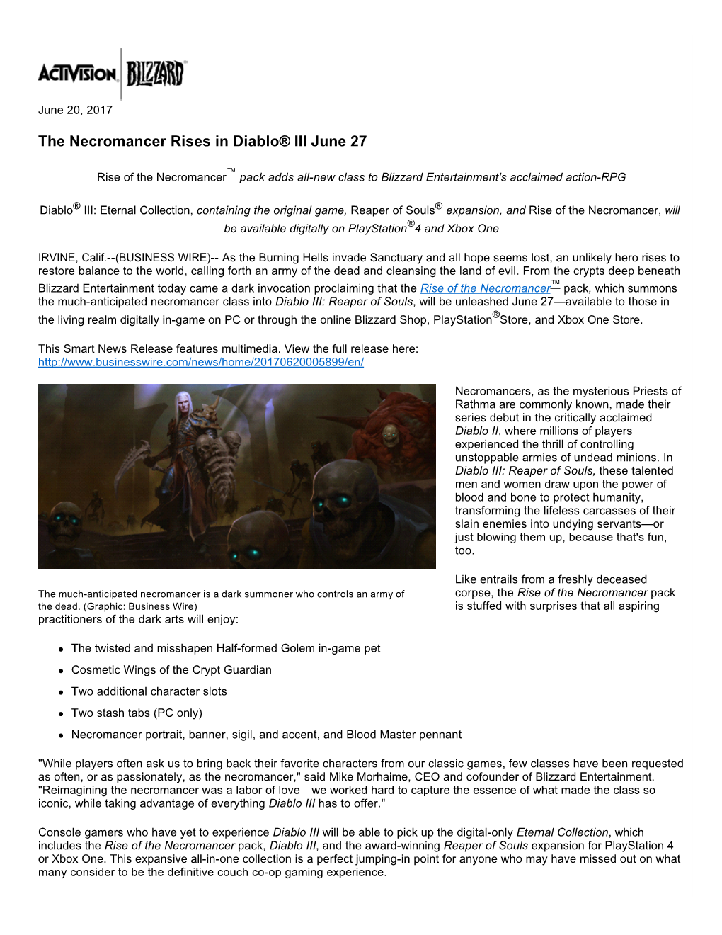 The Necromancer Rises in Diablo® III June 27