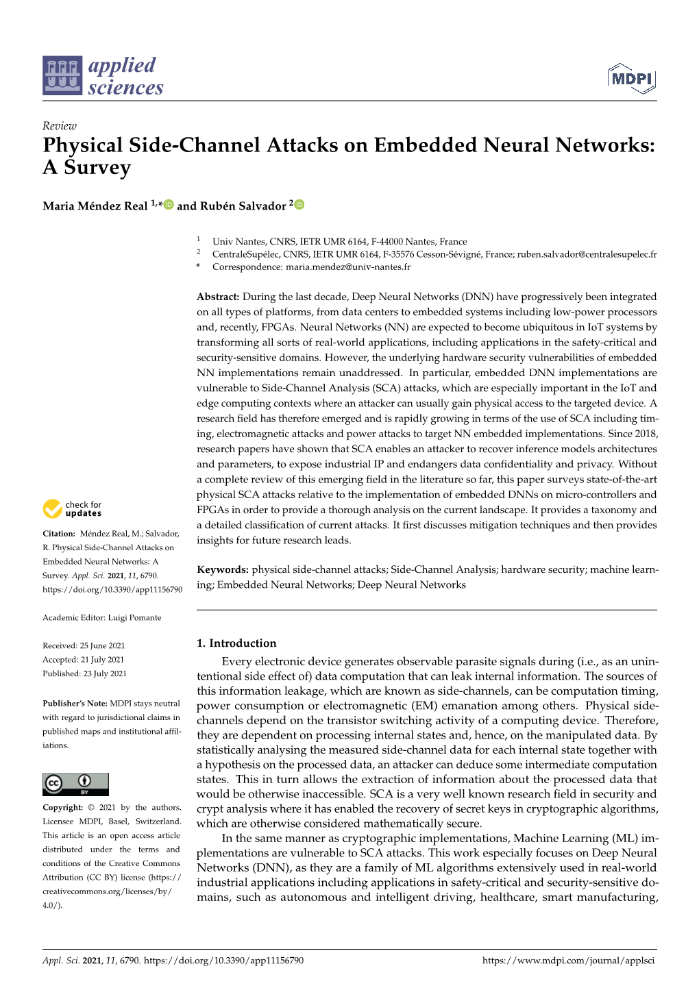 Physical Side-Channel Attacks on Embedded Neural Networks: a Survey