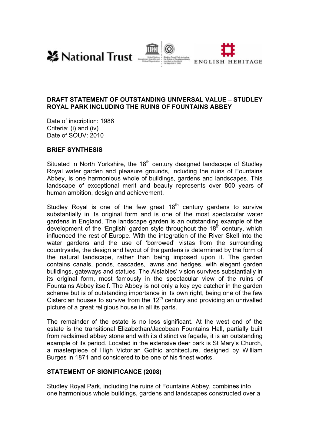 Draft Statement of Outstanding Universal Value – Studley Royal Park Including the Ruins of Fountains Abbey