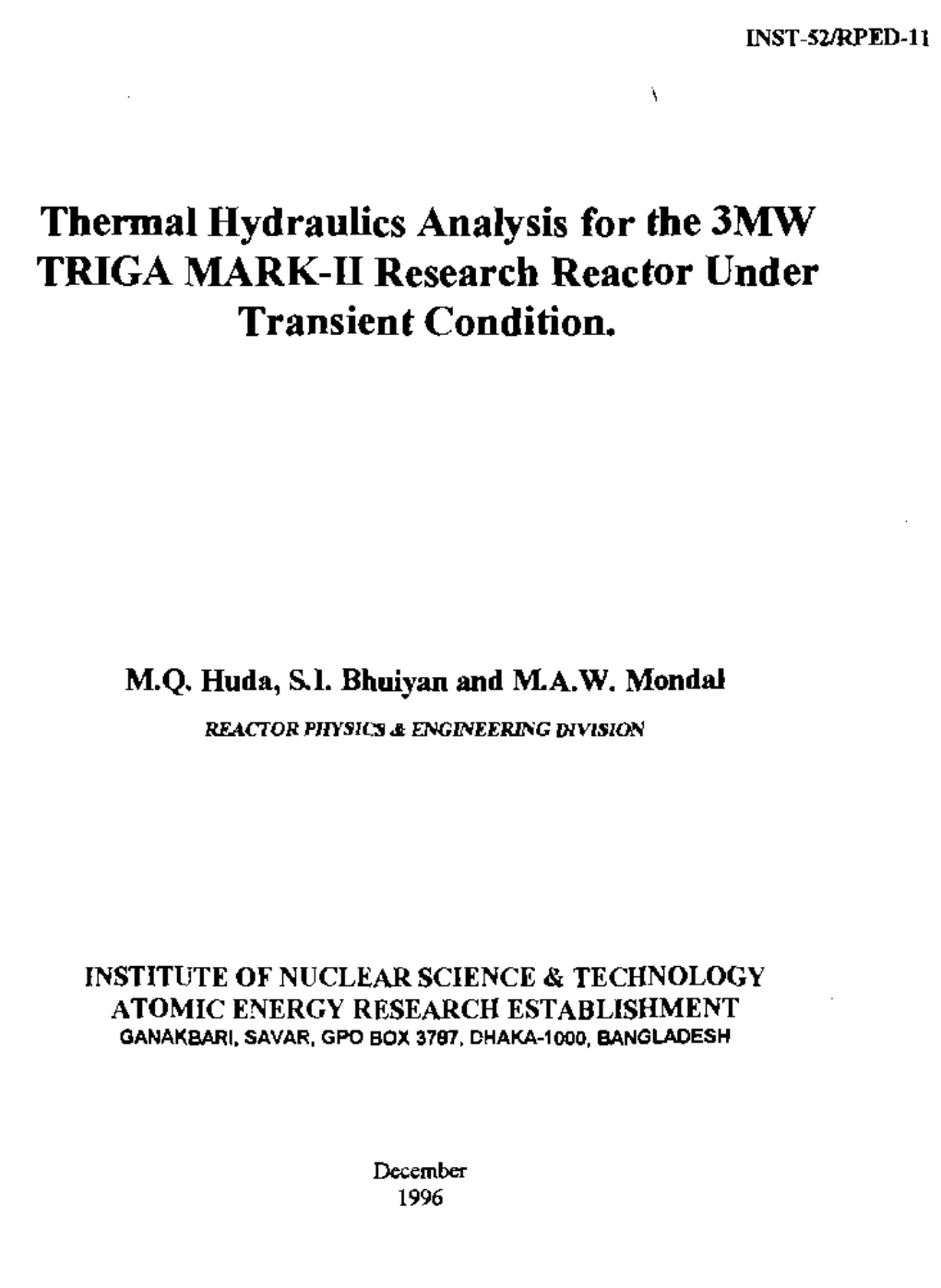 Thermal Hydraulics Analysis for the 3MW TRIGA MARK-H Research Reactor Under Transient Condition