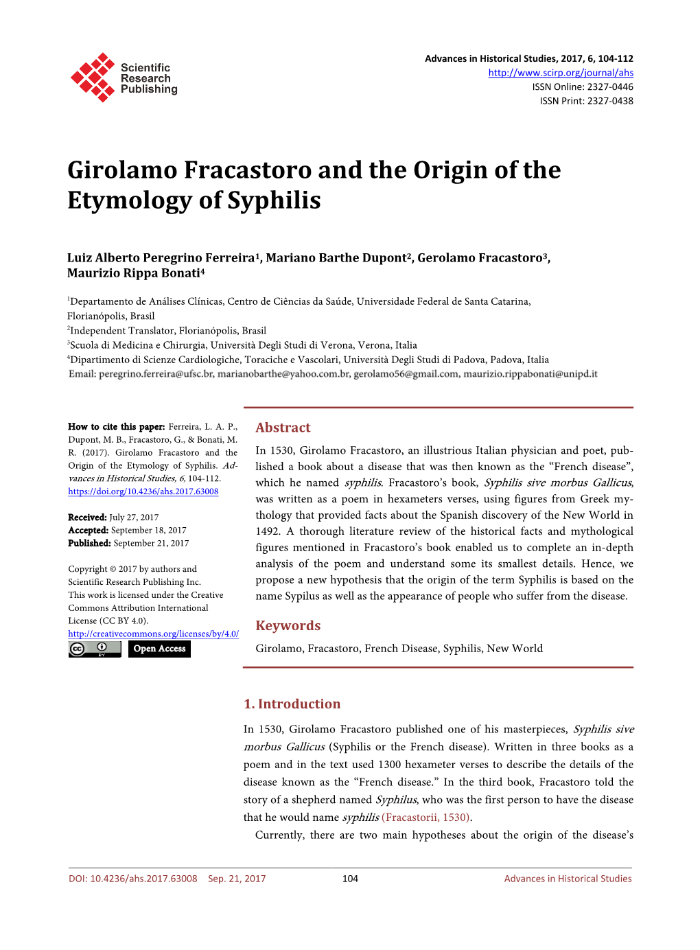 Girolamo Fracastoro and the Origin of the Etymology of Syphilis