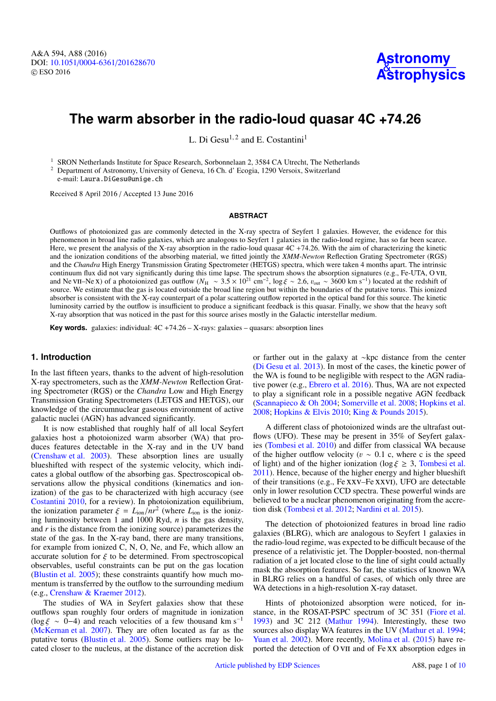 The Warm Absorber in the Radio-Loud Quasar 4C +74.26 L