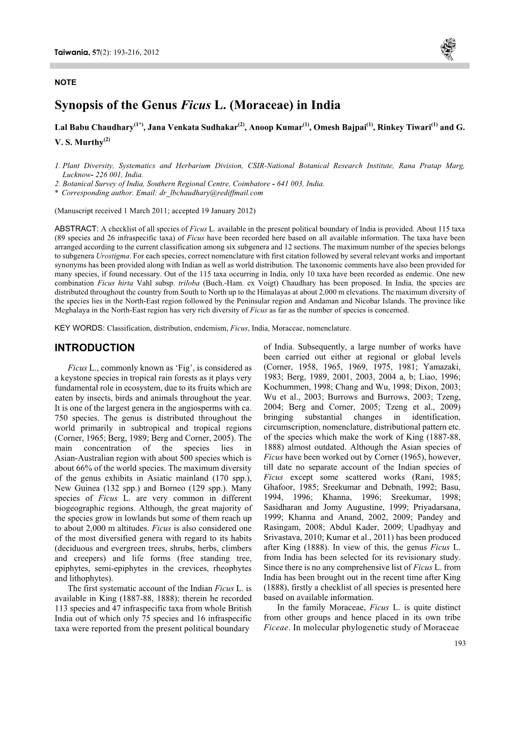 Synopsis of the Genus Ficus L. (Moraceae) in India