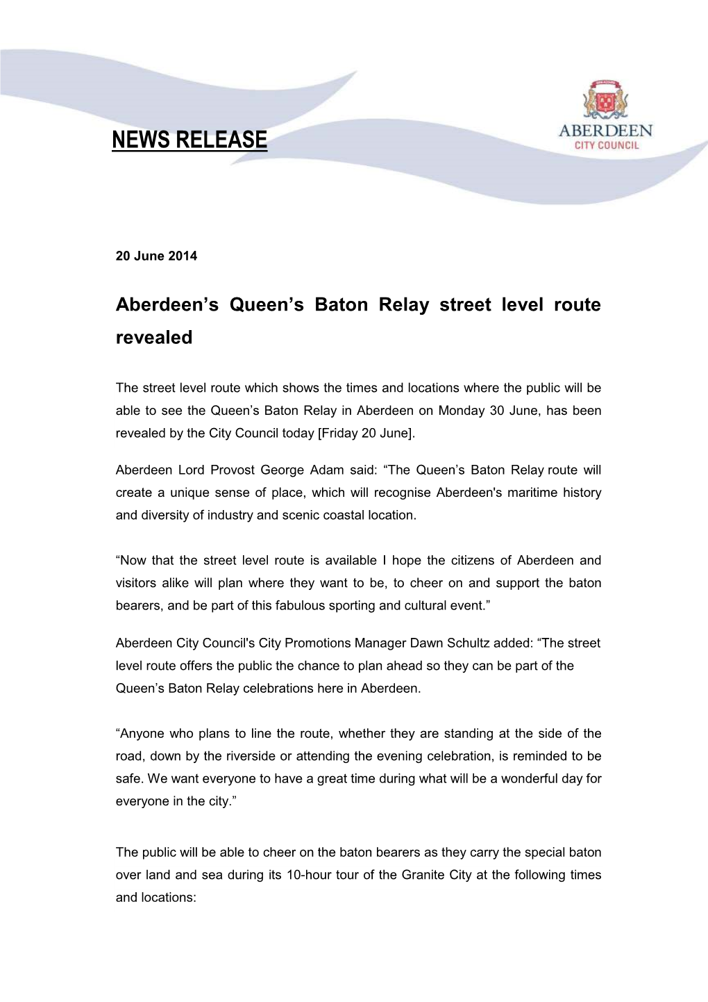 Aberdeen's Queen's Baton Relay Street Level Route