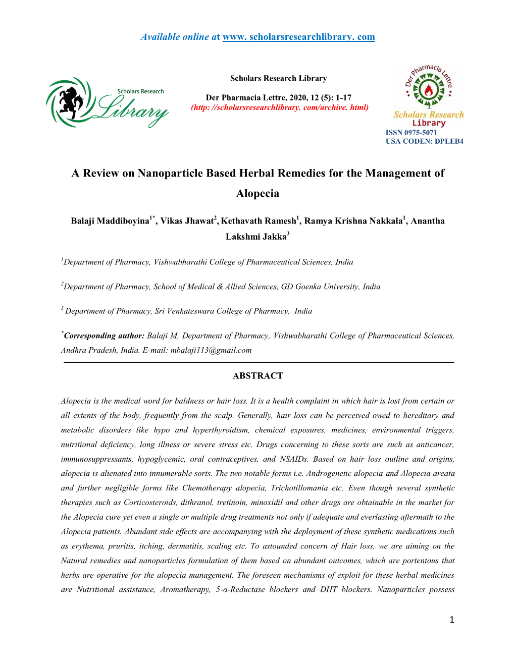A Review on Nanoparticle Based Herbal Remedies for the Management of Alopecia