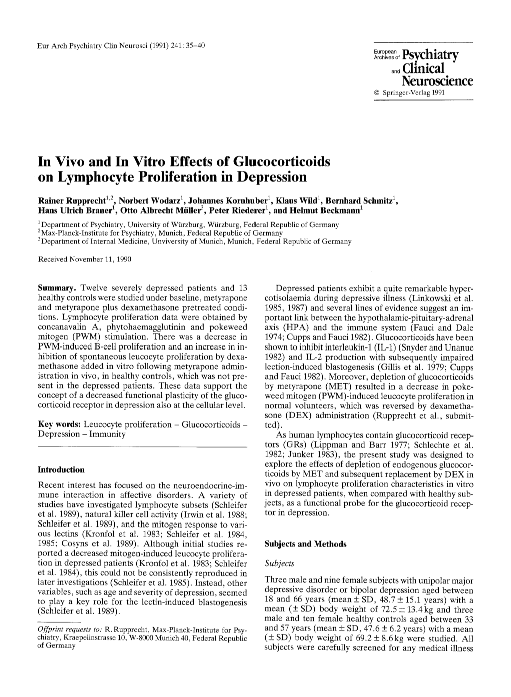 In Vivo and in Vitro Effects of Glucocorticoids on Lymphocyte Proliferation in Depression