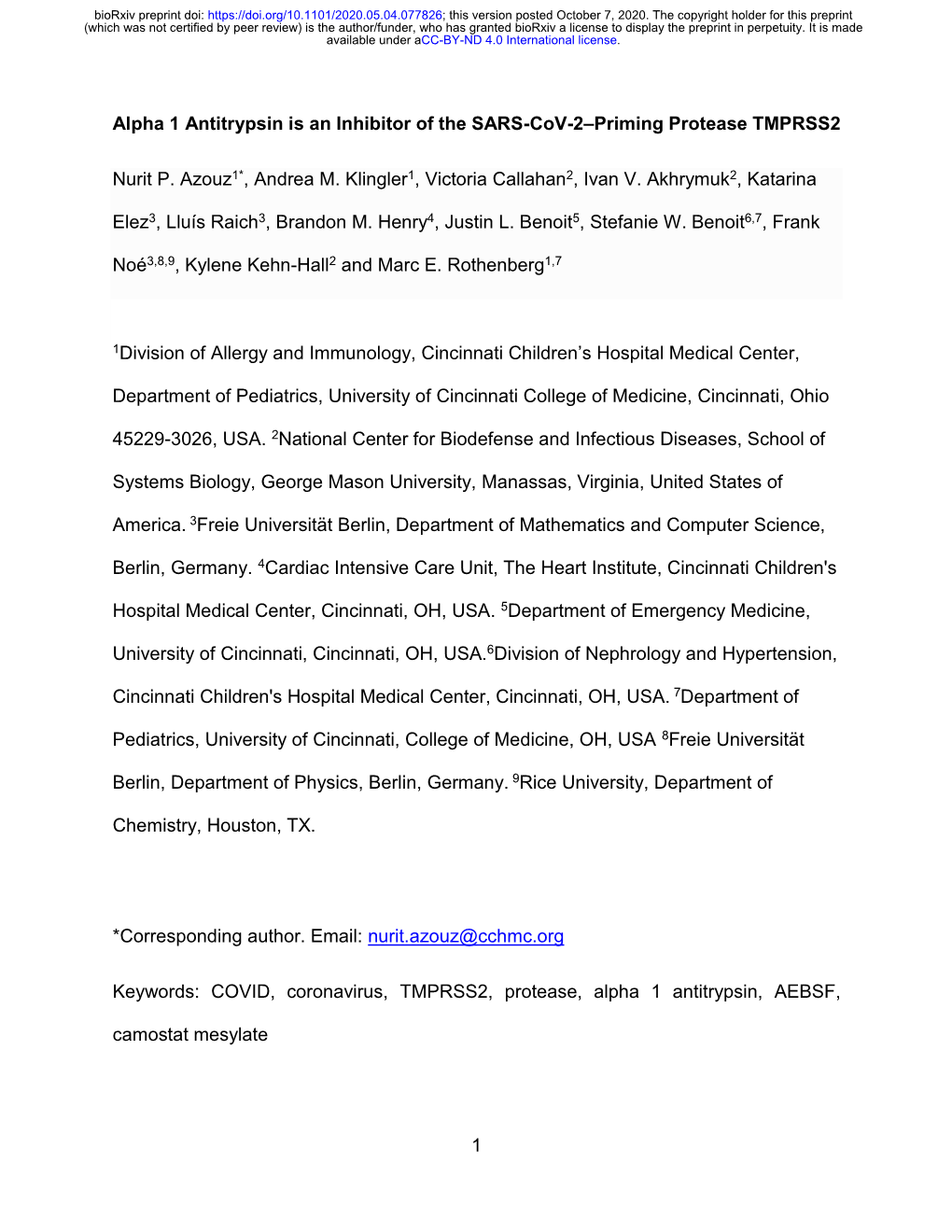 Alpha 1 Antitrypsin Is an Inhibitor of the SARS-Cov-2–Priming Protease TMPRSS2