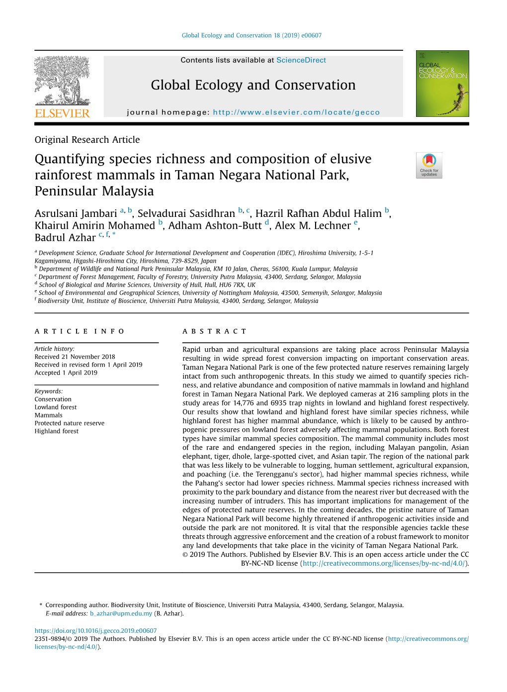 Quantifying Species Richness and Composition of Elusive Rainforest Mammals in Taman Negara National Park, Peninsular Malaysia