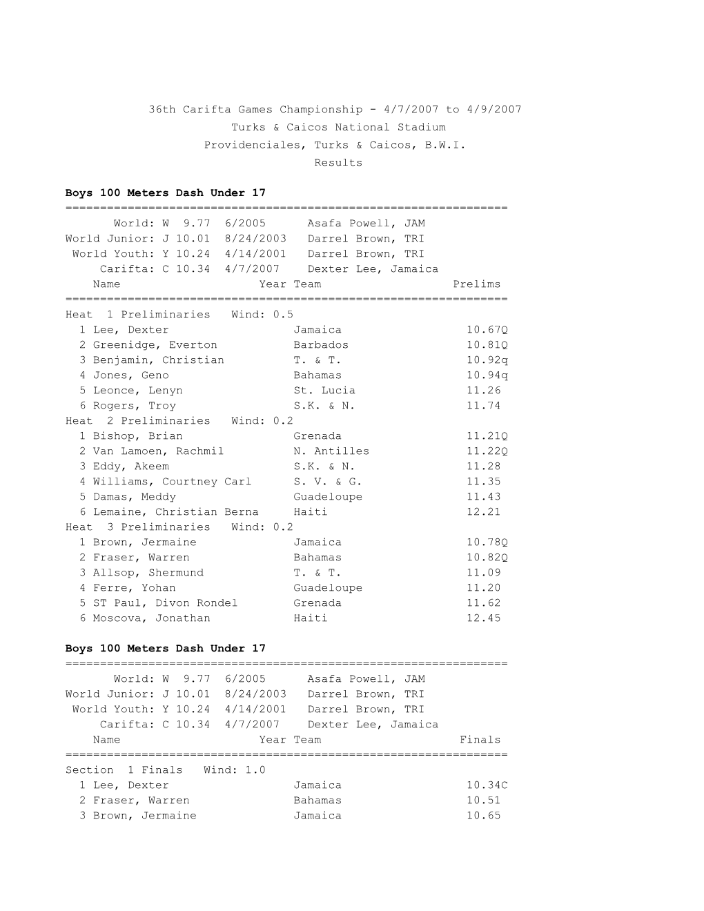 36Th Carifta Games Championship - 4/7/2007 to 4/9/2007 Turks & Caicos National Stadium Providenciales, Turks & Caicos, B.W.I