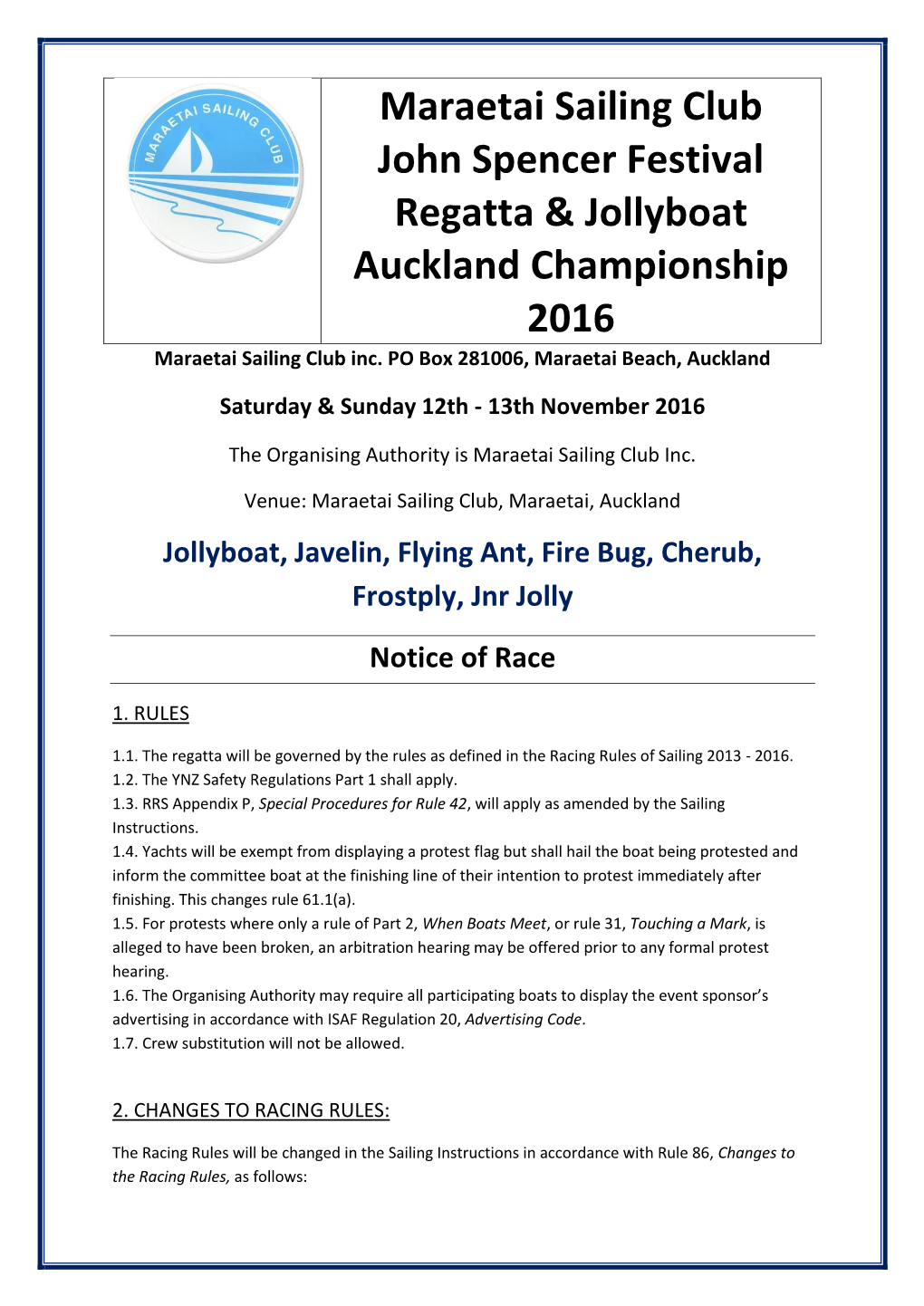 Maraetai Sailing Club John Spencer Festival Regatta & Jollyboat Auckland Championship 2016 Maraetai Sailing Club Inc