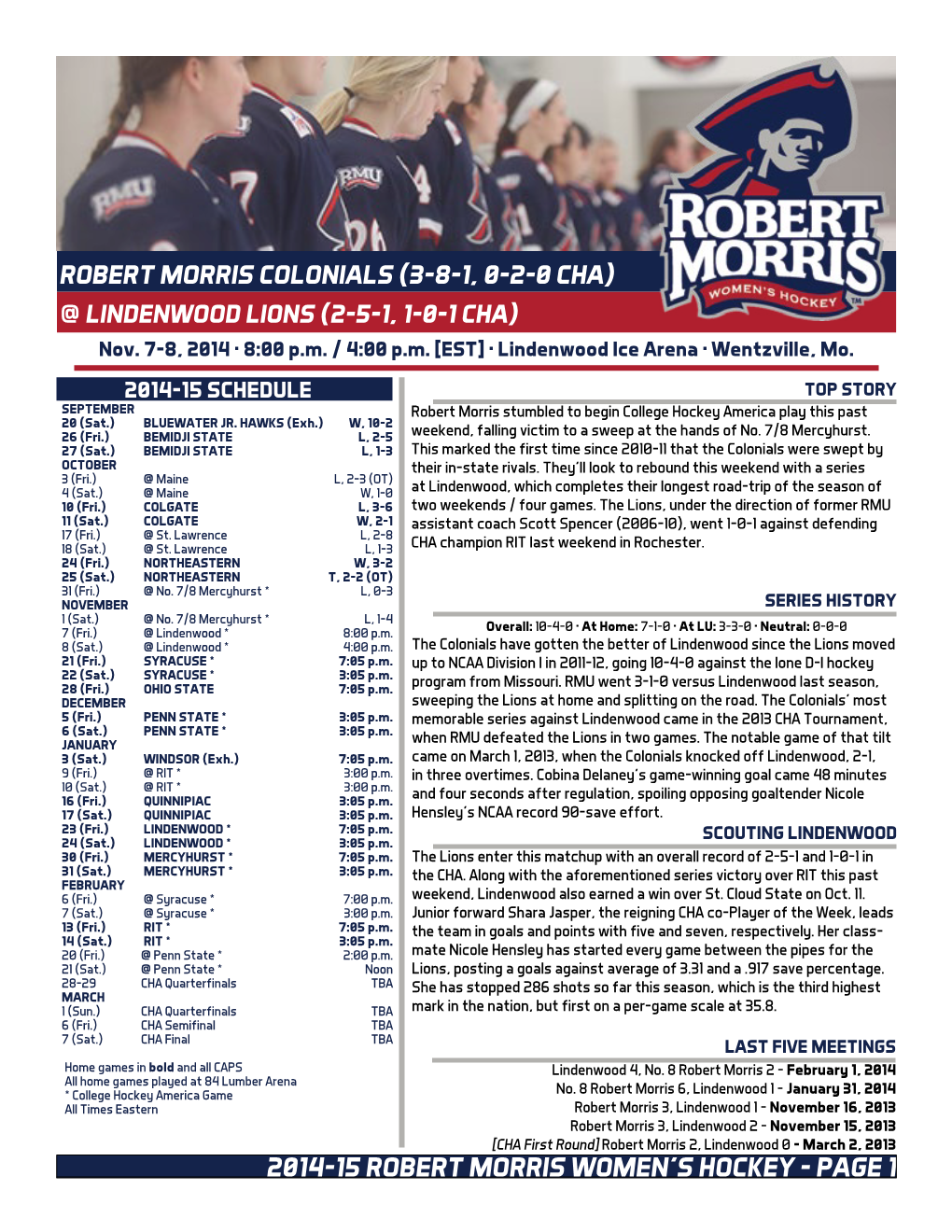 2014-15 Robert Morris Women's Hockey Robert Morris Overall Team Statistics (As of Nov 04, 2014) All Games