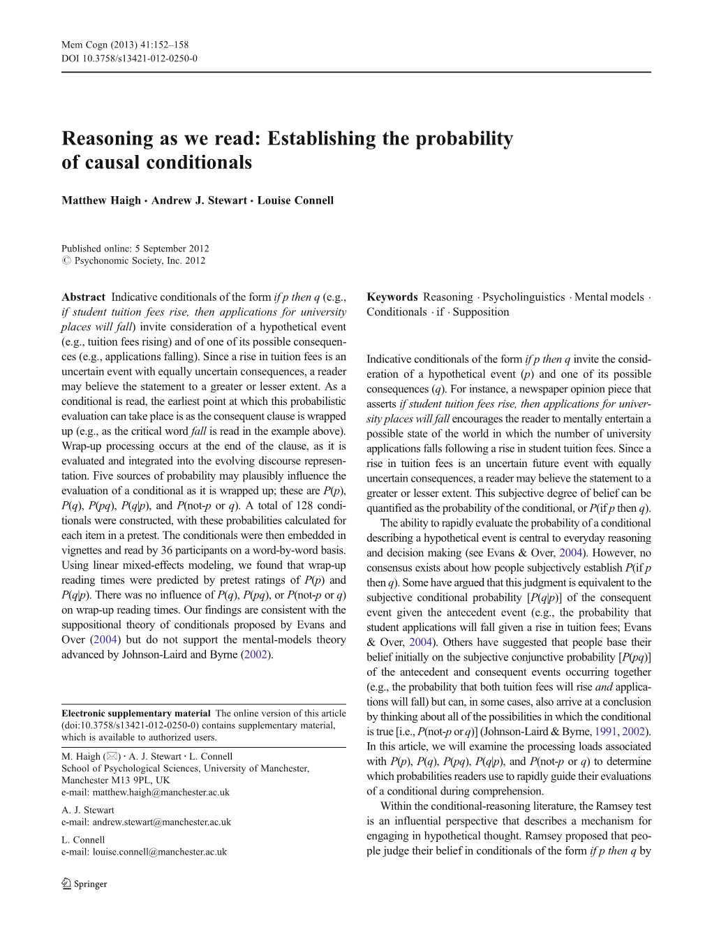 Reasoning As We Read: Establishing the Probability of Causal Conditionals