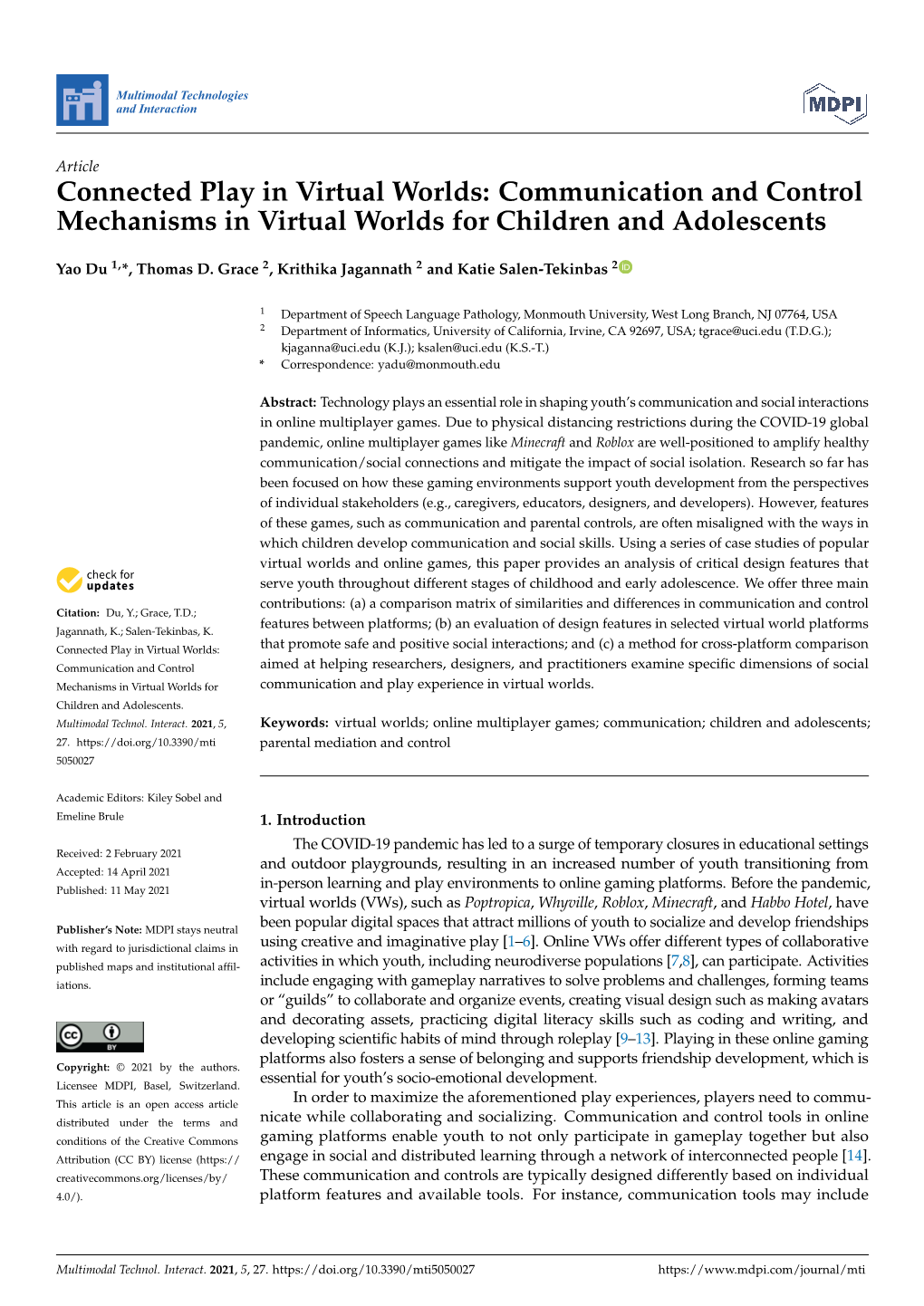 Communication and Control Mechanisms in Virtual Worlds for Children and Adolescents