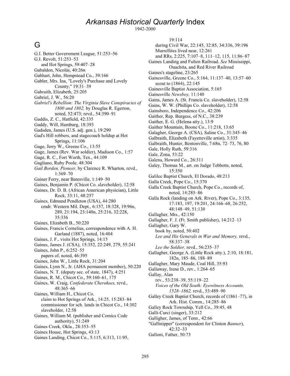 Arkansas Historical Quarterly Index G