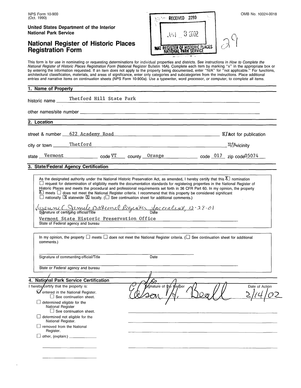 National Register of Historic Places Continuation Sheet Thetford Hill State Park Section Number 7__ Page 1__ Thetford, Orange County, Vermont