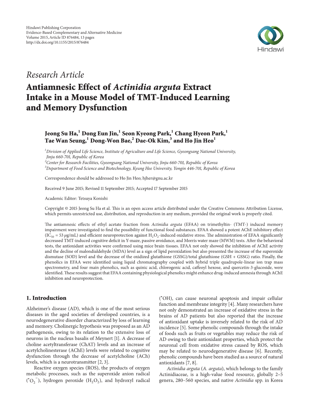 Research Article Antiamnesic Effect of Actinidia Arguta Extract Intake in a Mouse Model of TMT-Induced Learning and Memory Dysfunction