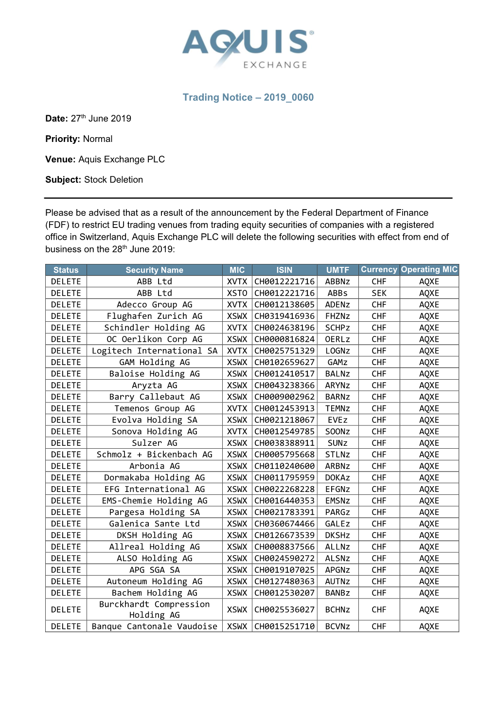 Trading Notice 2019 0060