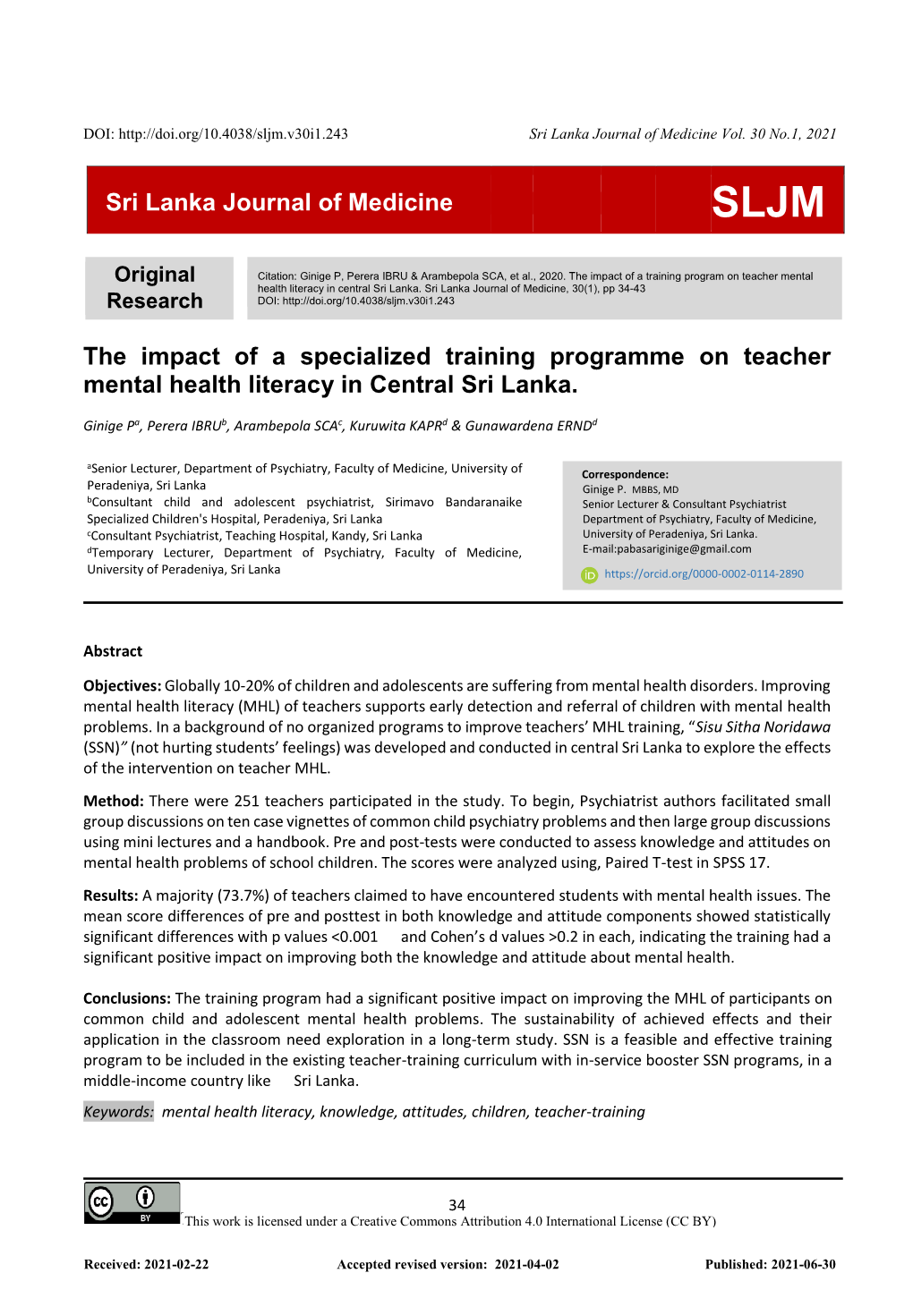 Sri Lanka Journal of Medicine the Impact of a Specialized Training