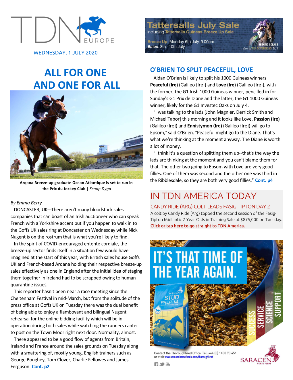 FOR ONE and ONE for ALL TIMONIUM, MD - the Fasig-Tipton Midlantic 2-Year-Olds in the Goffs Arqana 2020 Breeze up Sale Begins on Wednesday