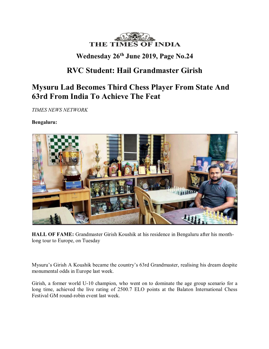 RVC Student: Hail Grandmaster Girish Mysuru Lad Becomes Third Chess Player from State and 63Rd from India to Achieve the Feat