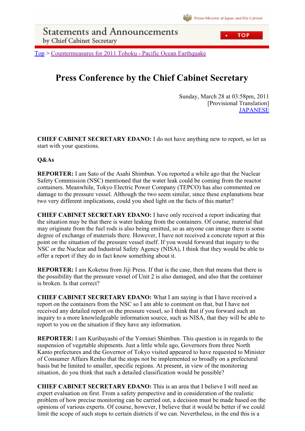 Press Conference by the Chief Cabinet Secretary