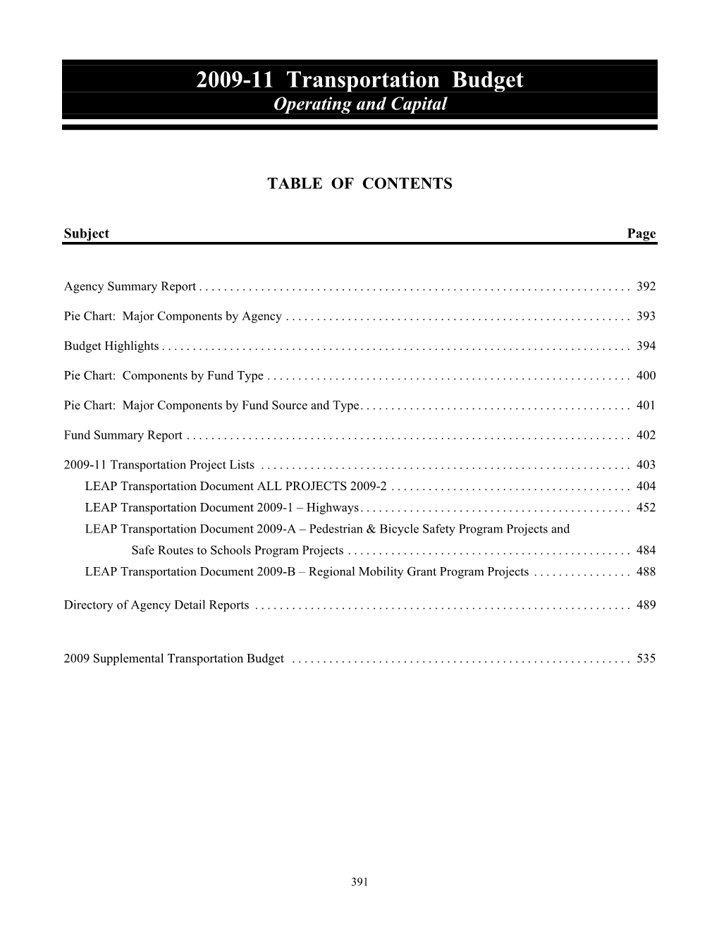 2009-11 Transportation Budget Operating and Capital