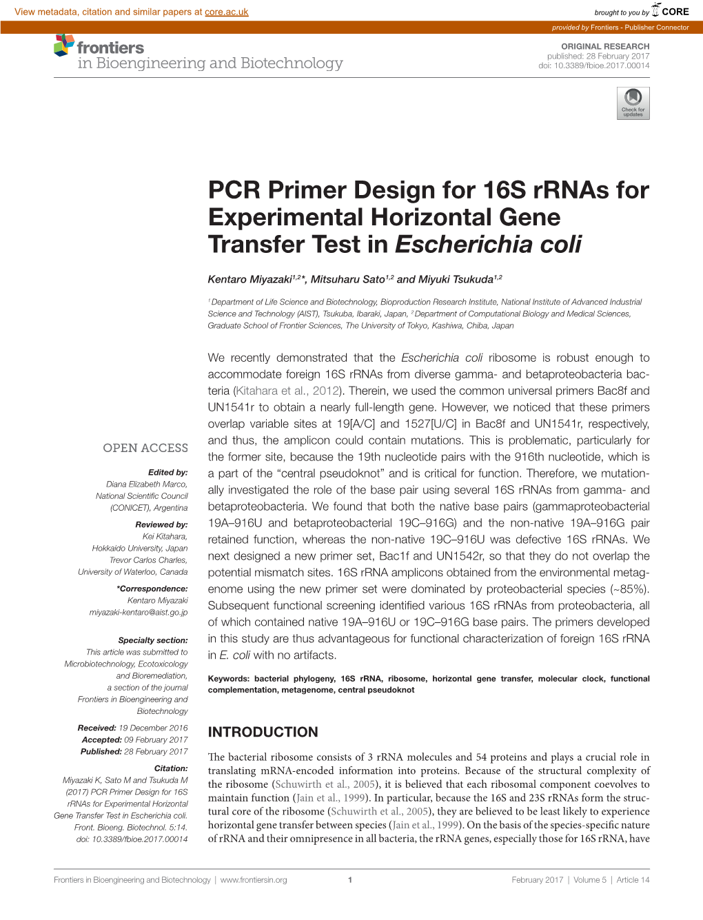 Pcr Primer Design for 16S Rrnas for Experimental Horizontal Gene Transfer Test in Escherichia Coli