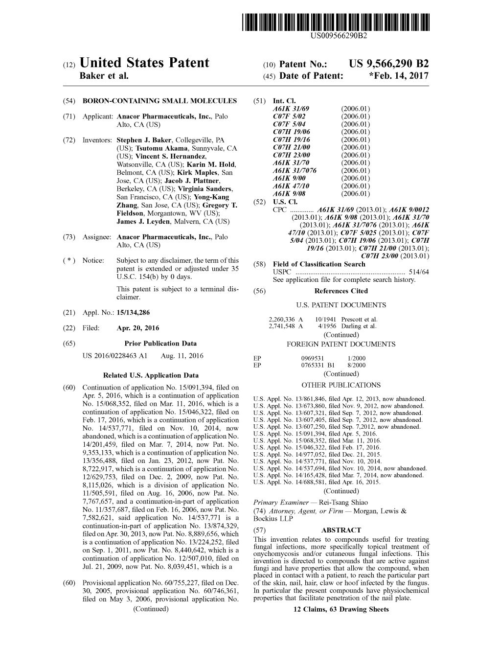 (12) United States Patent (10) Patent No.: US 9,566.290 B2 Baker Et Al