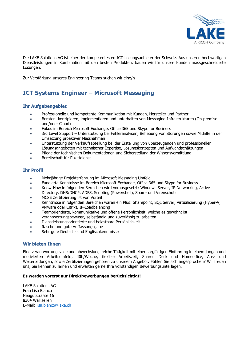 ICT Systems Engineer – Microsoft Messaging