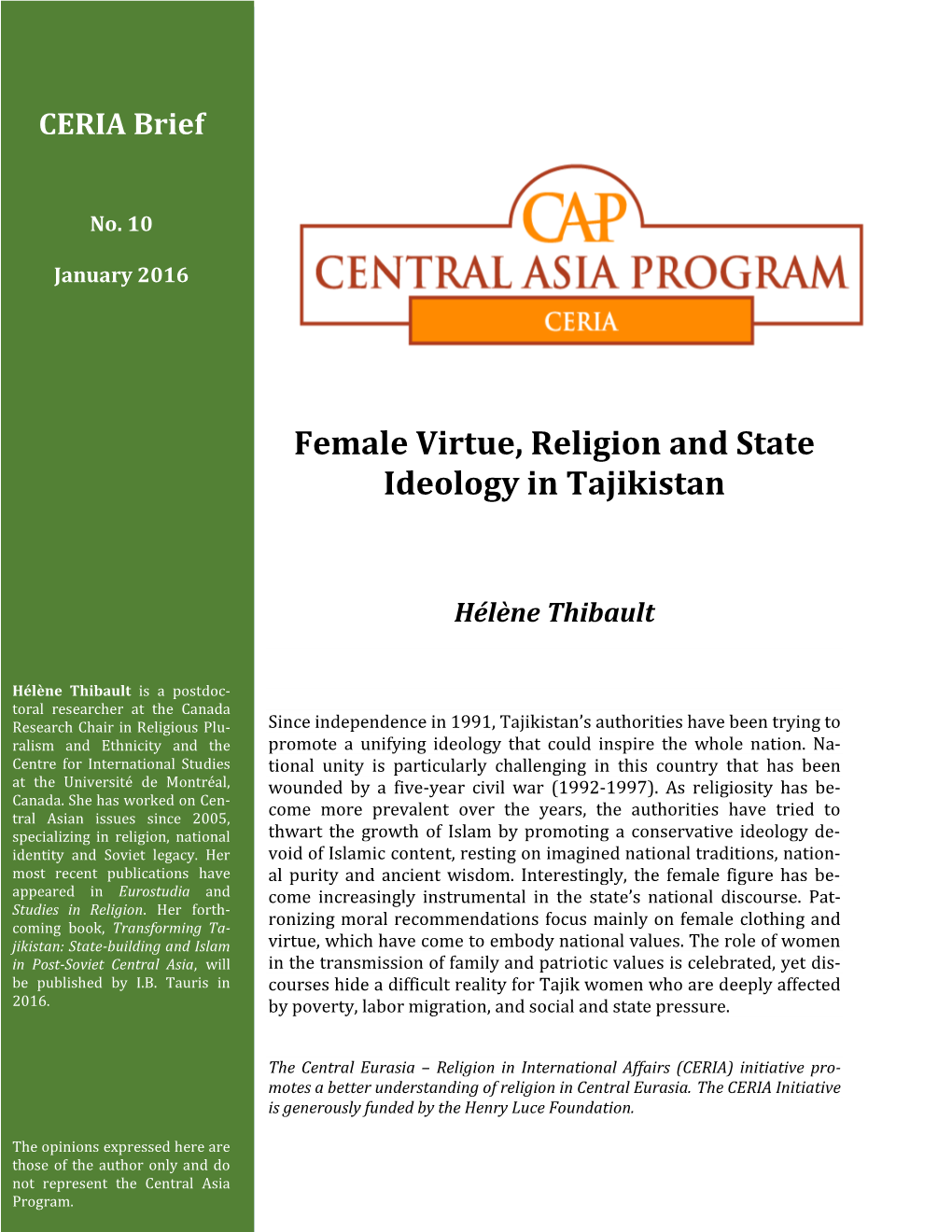 Female Virtue, Religion and State Ideology in Tajikistan