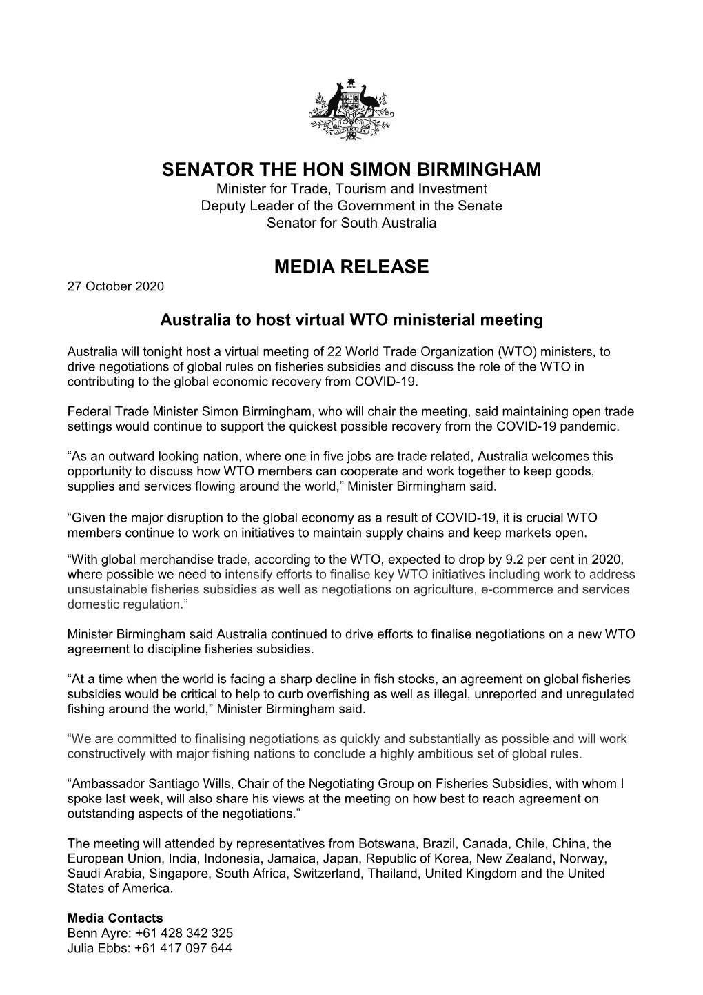 Senator the Hon Simon Birmingham Media Release