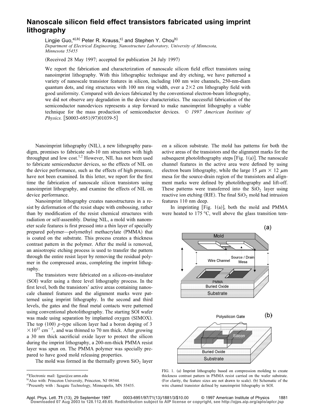 Nanoscale Silicon Field Effect Transistors Fabricated Using Imprint