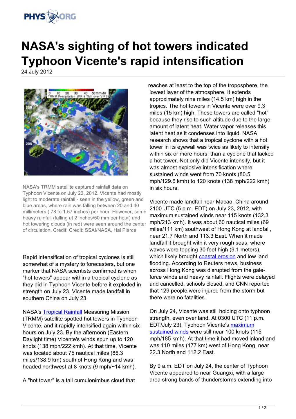 NASA's Sighting of Hot Towers Indicated Typhoon Vicente's Rapid Intensification 24 July 2012