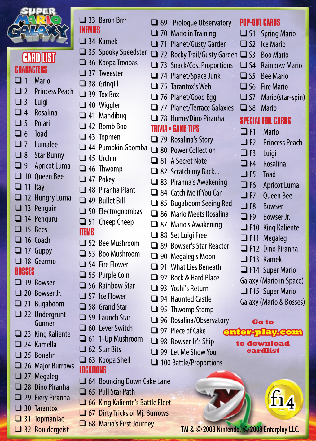 Card List ❑ 72 Rocky Trail/Gusty Garden  S3 Boo Mario ❑ 36 Koopa Troopas ❑ 73 Snack/Cos