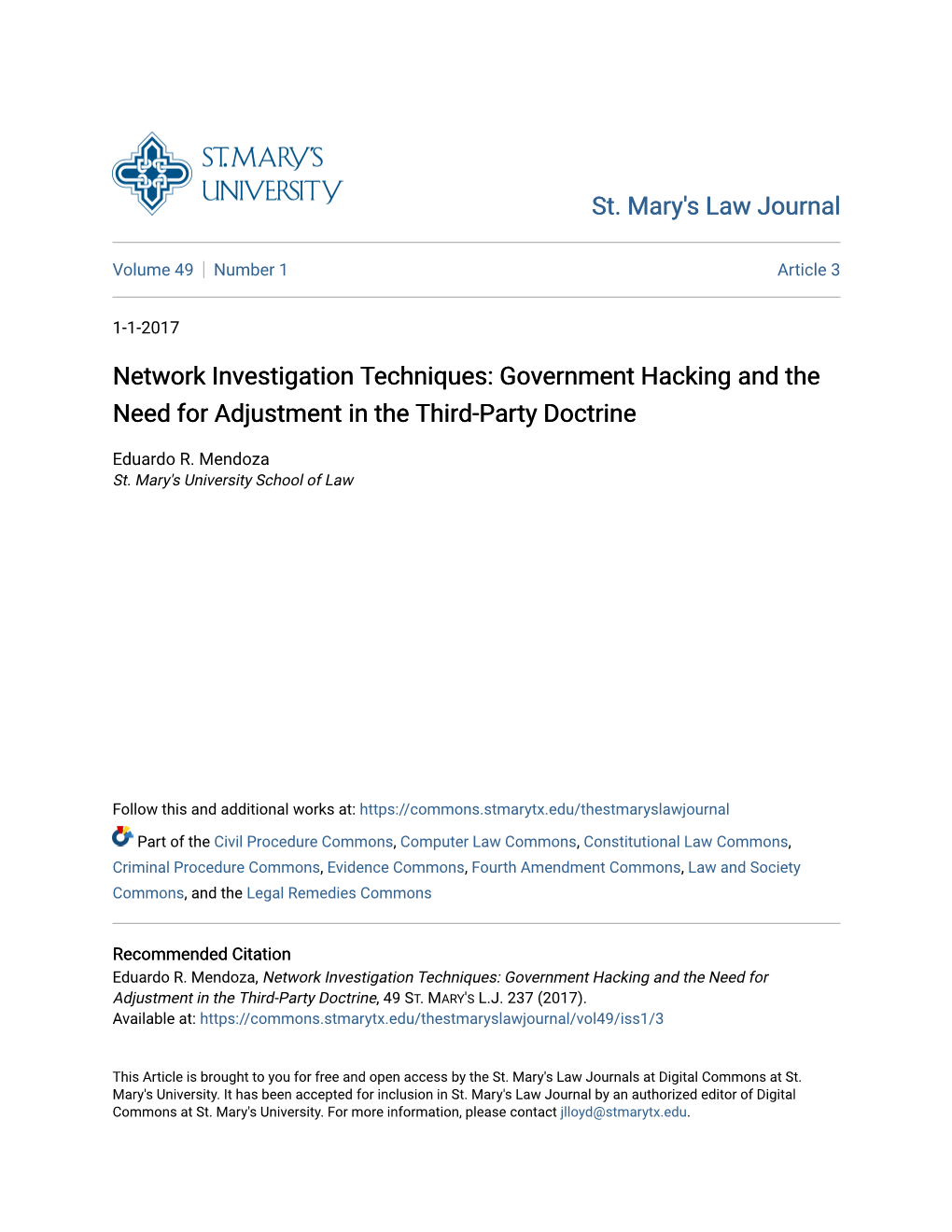 Network Investigation Techniques: Government Hacking and the Need for Adjustment in the Third-Party Doctrine