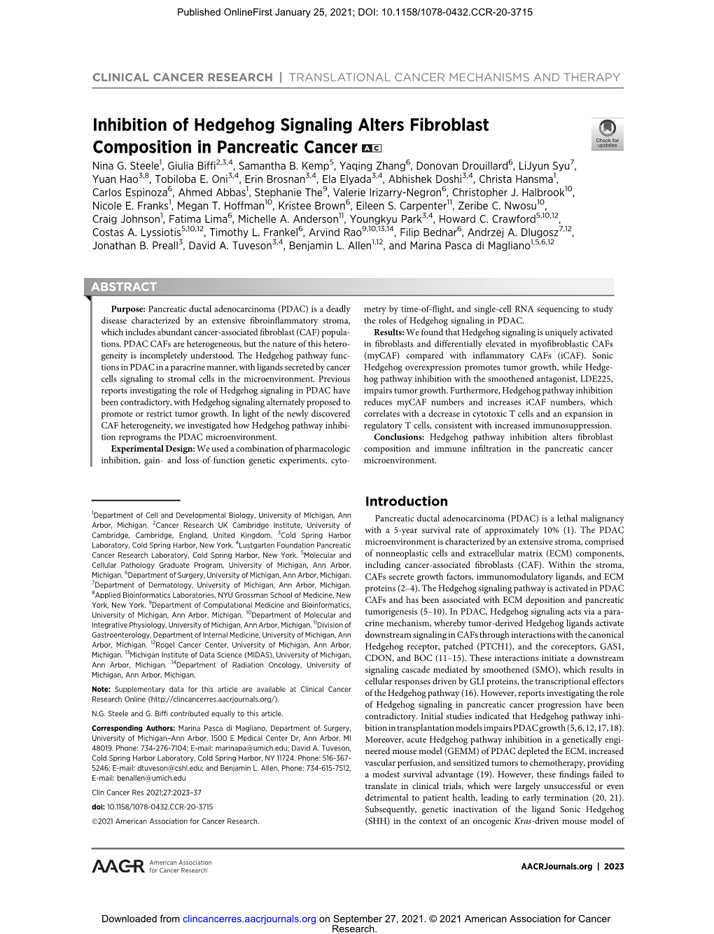 Inhibition of Hedgehog Signaling Alters Fibroblast Composition in Pancreatic Cancer a C Nina G