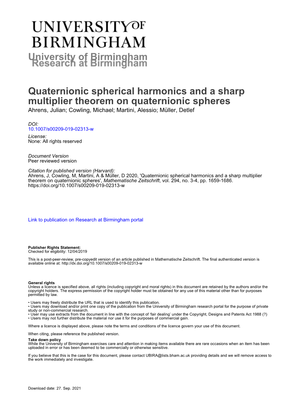 University of Birmingham Quaternionic Spherical Harmonics and a Sharp