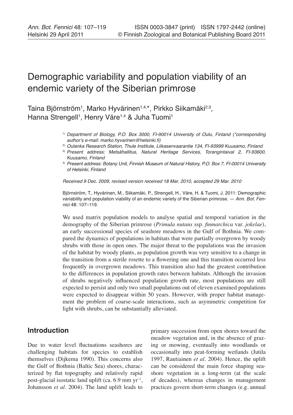 Demographic Variability and Population Viability of an Endemic Variety of the Siberian Primrose