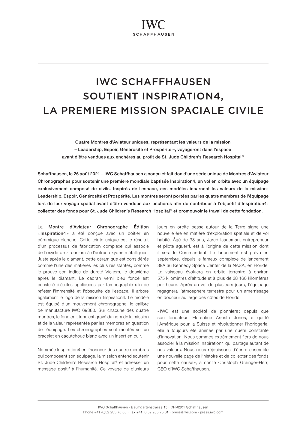 Iwc Schaffhausen Soutient Inspiration4, La Premiere Mission Spaciale Civile
