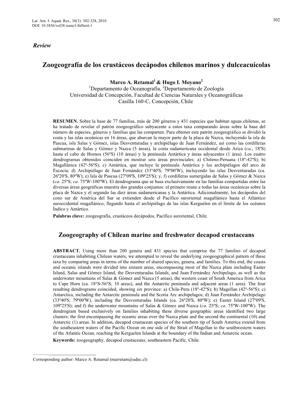 Zoogeografía De Los Crustáceos Decápodos Chilenos Marinos Y Dulceacuícolas