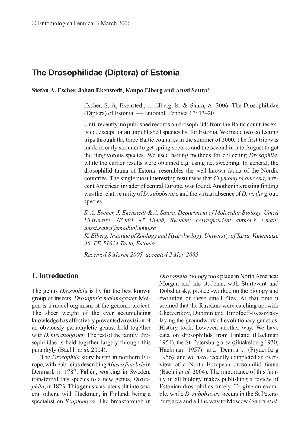 The Drosophilidae (Diptera) of Estonia