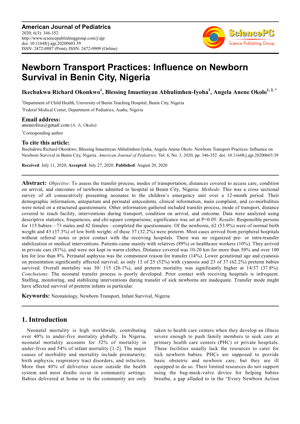 Newborn Transport Practices: Influence on Newborn Survival in Benin City, Nigeria