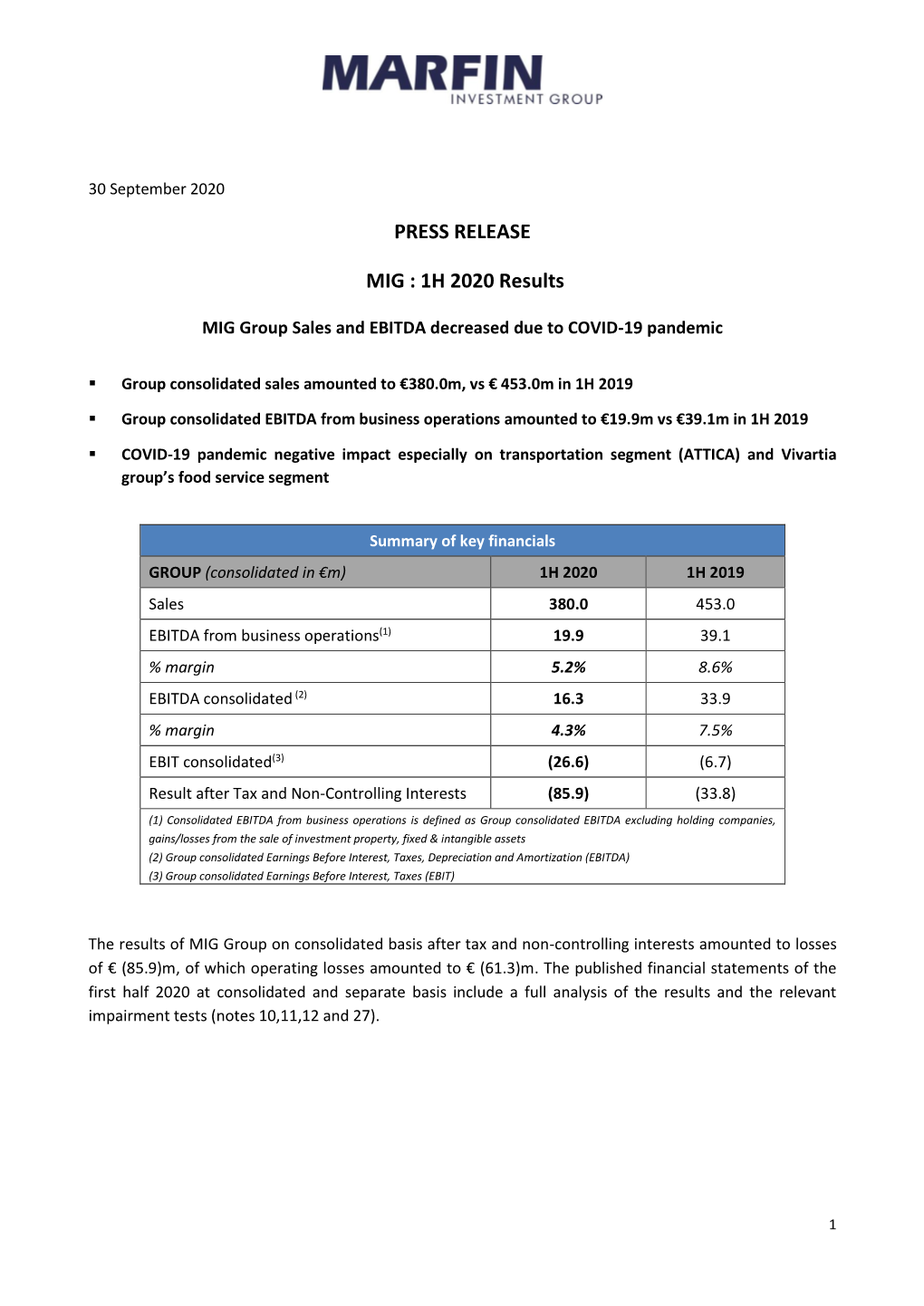 Press Release Mig : 1H 2020