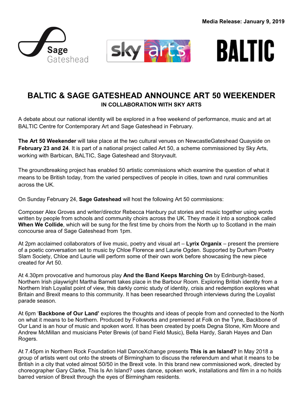 Baltic & Sage Gateshead Announce Art 50 Weekender