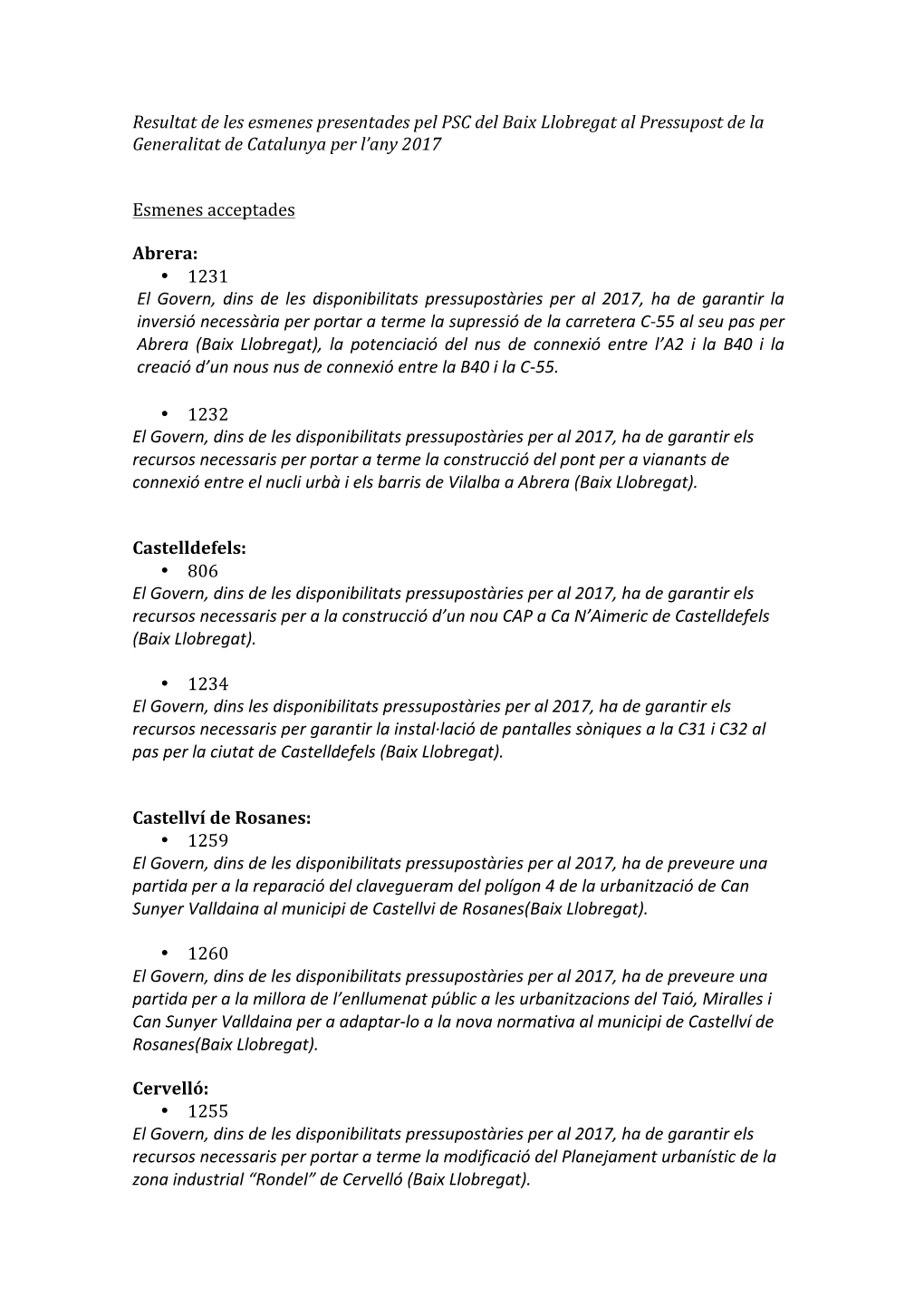 Resultat De Les Esmenes Presentades Pel PSC Del Baix Llobregat Al Pressupost De La Generalitat De Catalunya Per L’Any 2017